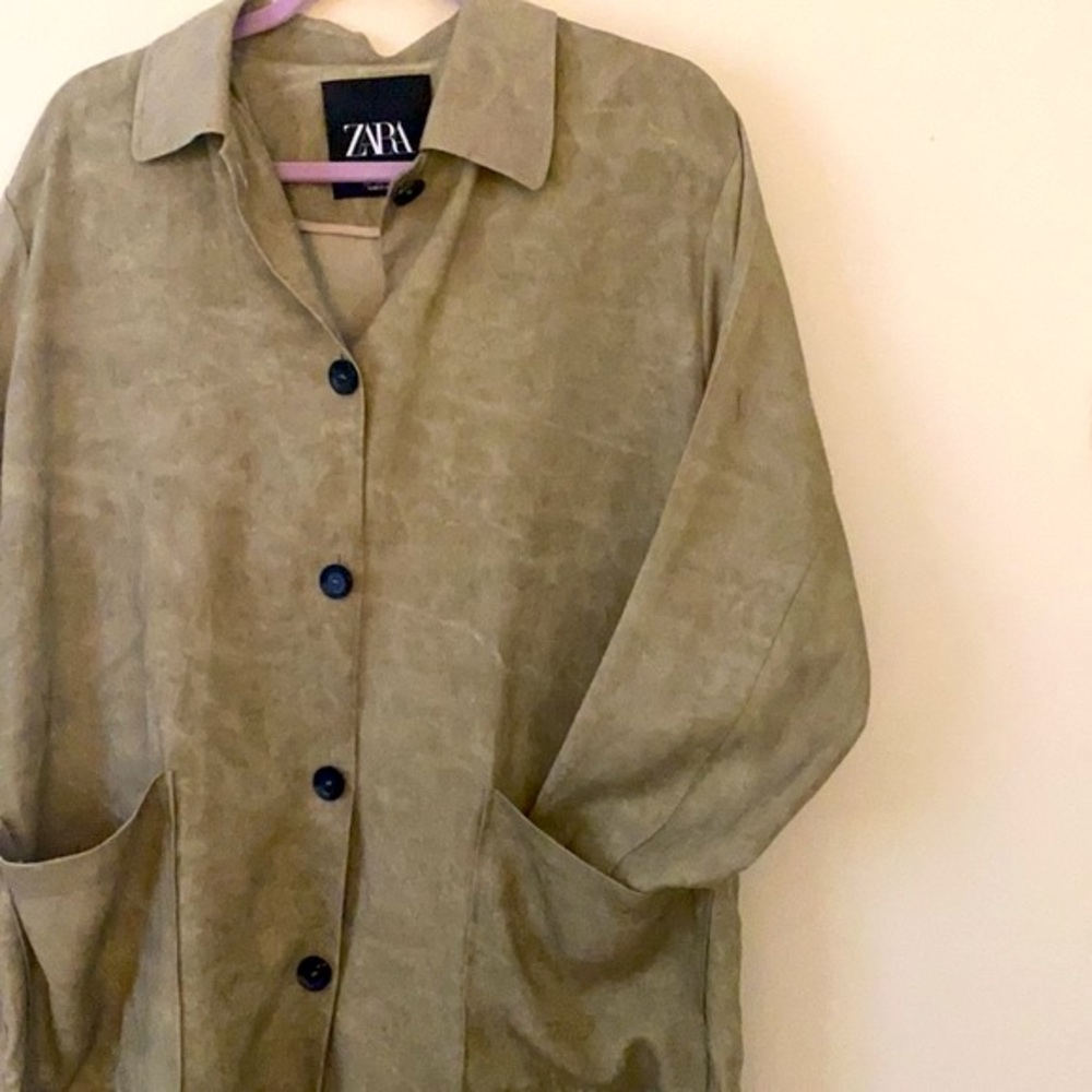 ZARA Sage Green Long Blazer Trench Coat Size Small Oversized Lightweight NWOT